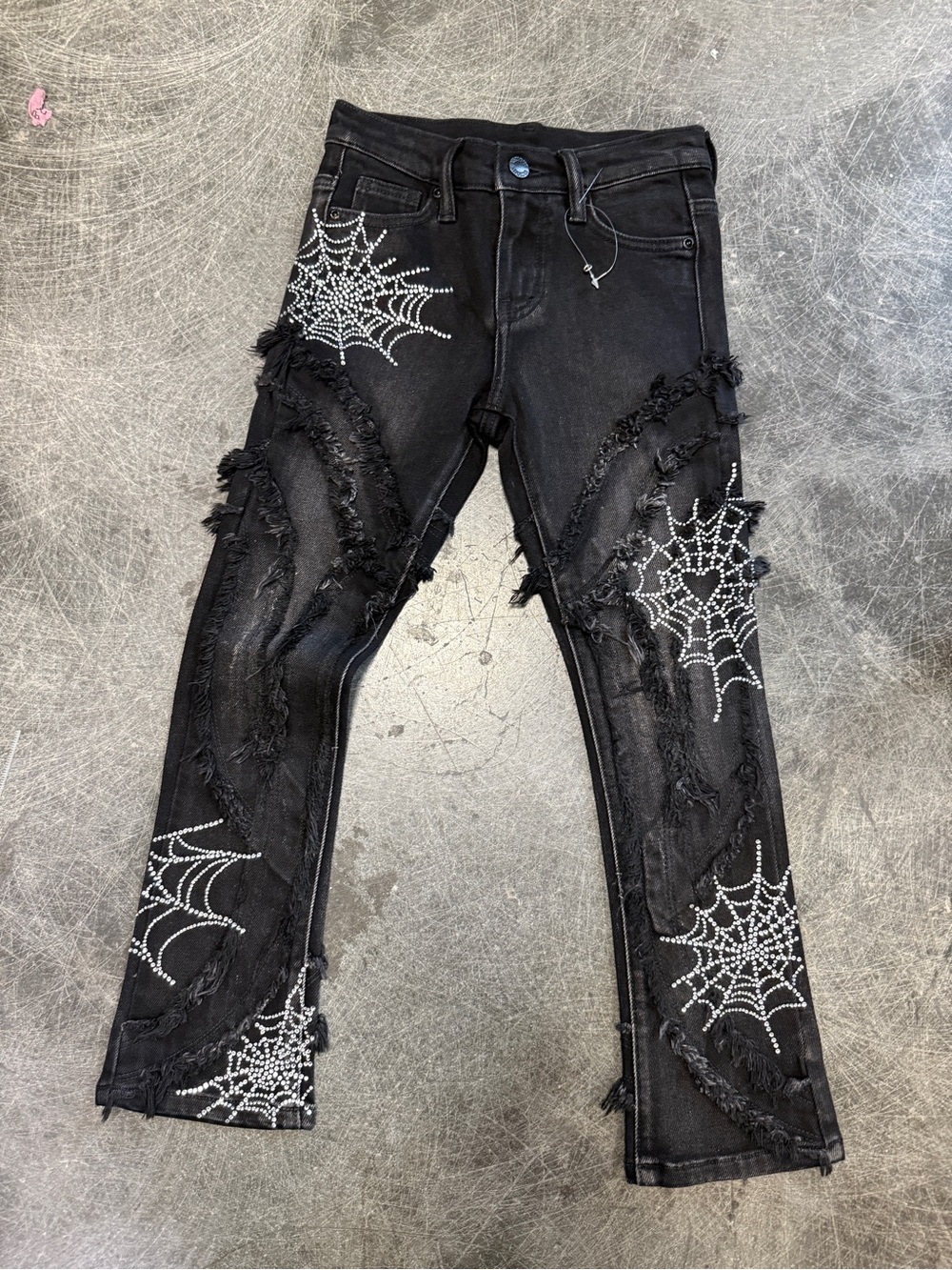 Kids crystal encrusted Black Distressed Spiderweb Embellished vicious denimJeans